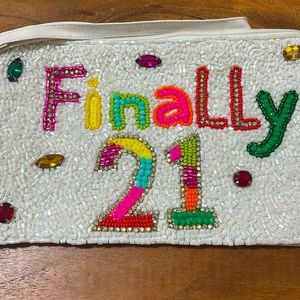 🎉❤️White Multicolor Beaded 21st Birthday Wristlet Zip Closure Pouch Case